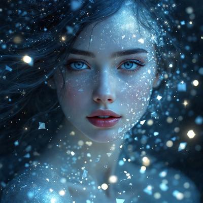 The primary subject of the image is a woman with blue eyes, who is the main focus of the scene. She is surrounded by a blue background, which adds to the overall mood of the image. The visual style of the image is a combination of photo and digital art, creating a unique and captivating appearance. The woman's eyes are the most prominent feature, and her lips are also visible, contributing to the overall beauty of the image.